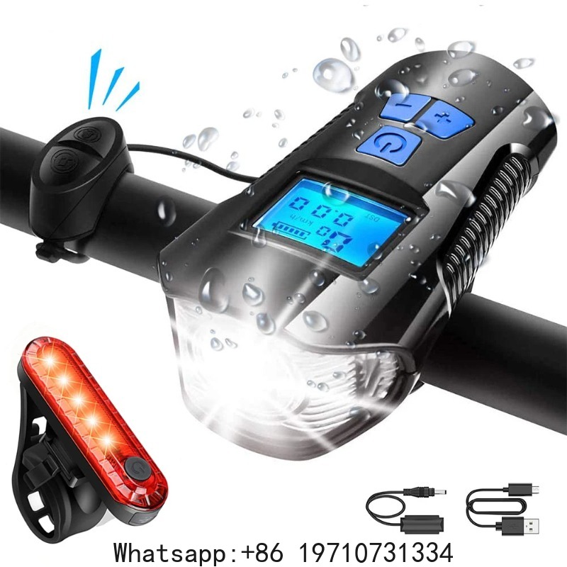 Bike Speedometer - 自転車ライトセット、ホーンとスピードメーター付き自転車ヘッドライト、USB充電式自転車フロントライトとテールライト