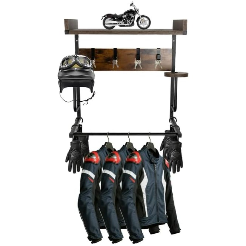 Cycling Gear Organizer Wall - オートバイヘルメットホルダー、4つのグローブチップと4つのフック付き、オートバイバイクヘルメット、ギア、衣類、帽子用の壁掛け式ヘルメットホルダー